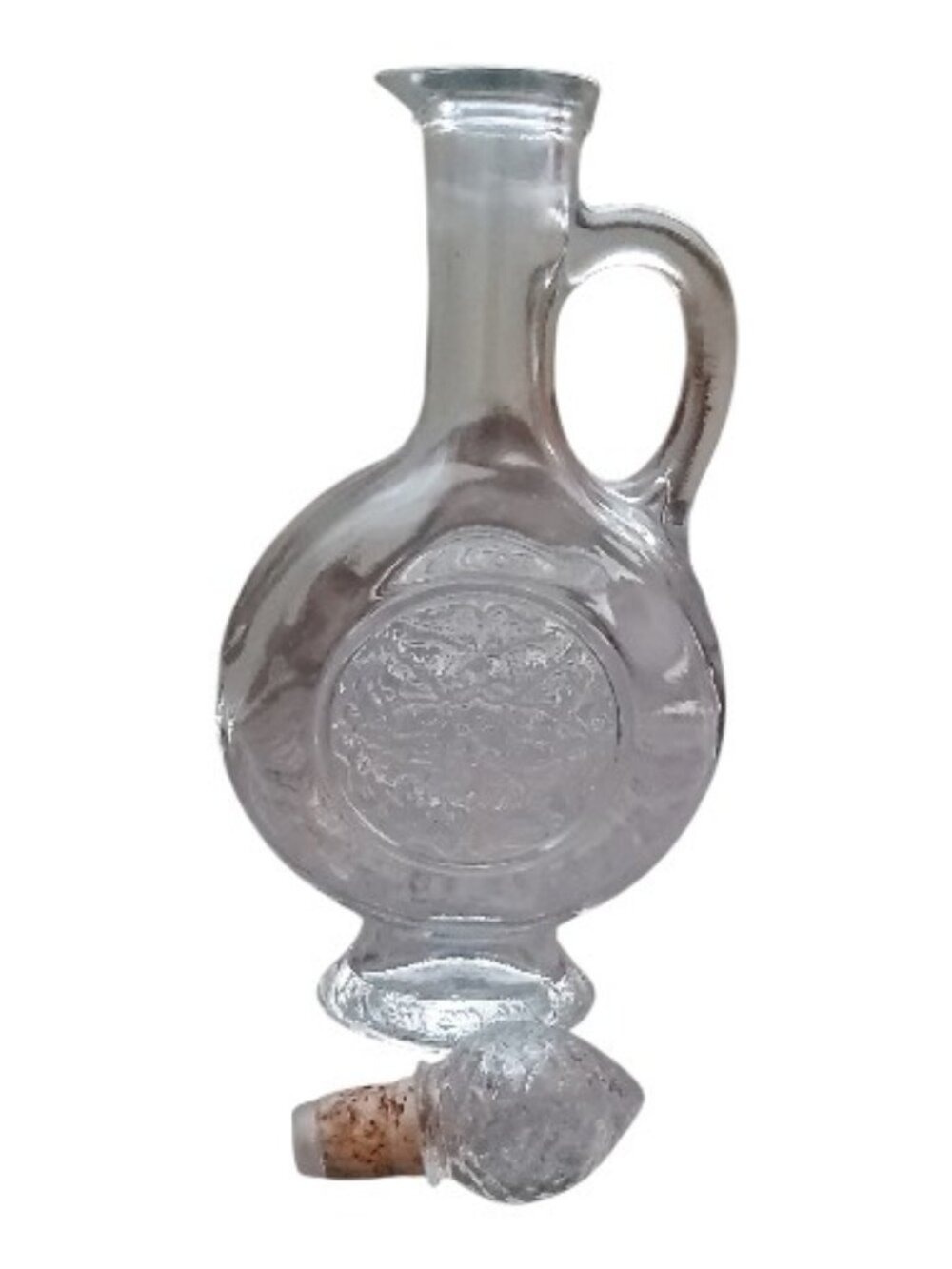 Vintage Mid-Century Clear Glass Decanter with Handle & Embossed Crest - 10" Tall